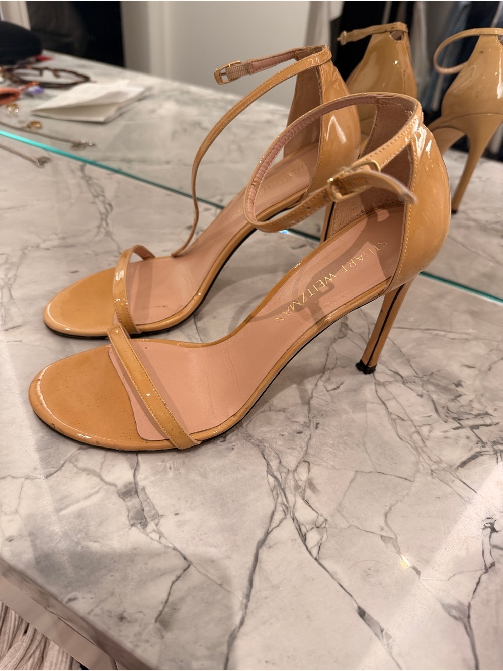 Stuart Weitzman Patent Leather Ankle-Strap Sandals in Nude Tan
